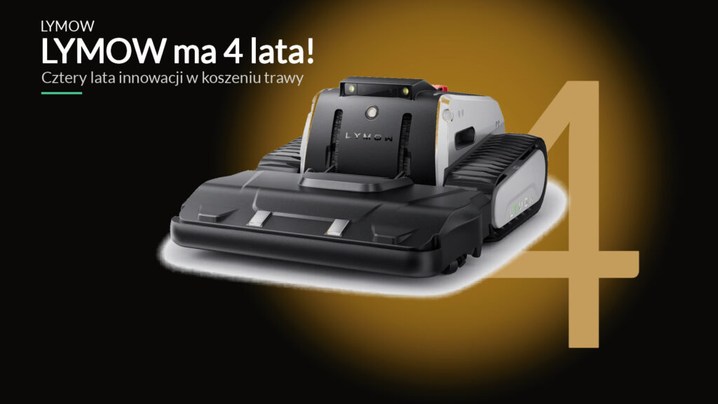LYMOW ma 4 lata - robot koszący na czarnym tle ze złotą czwórką